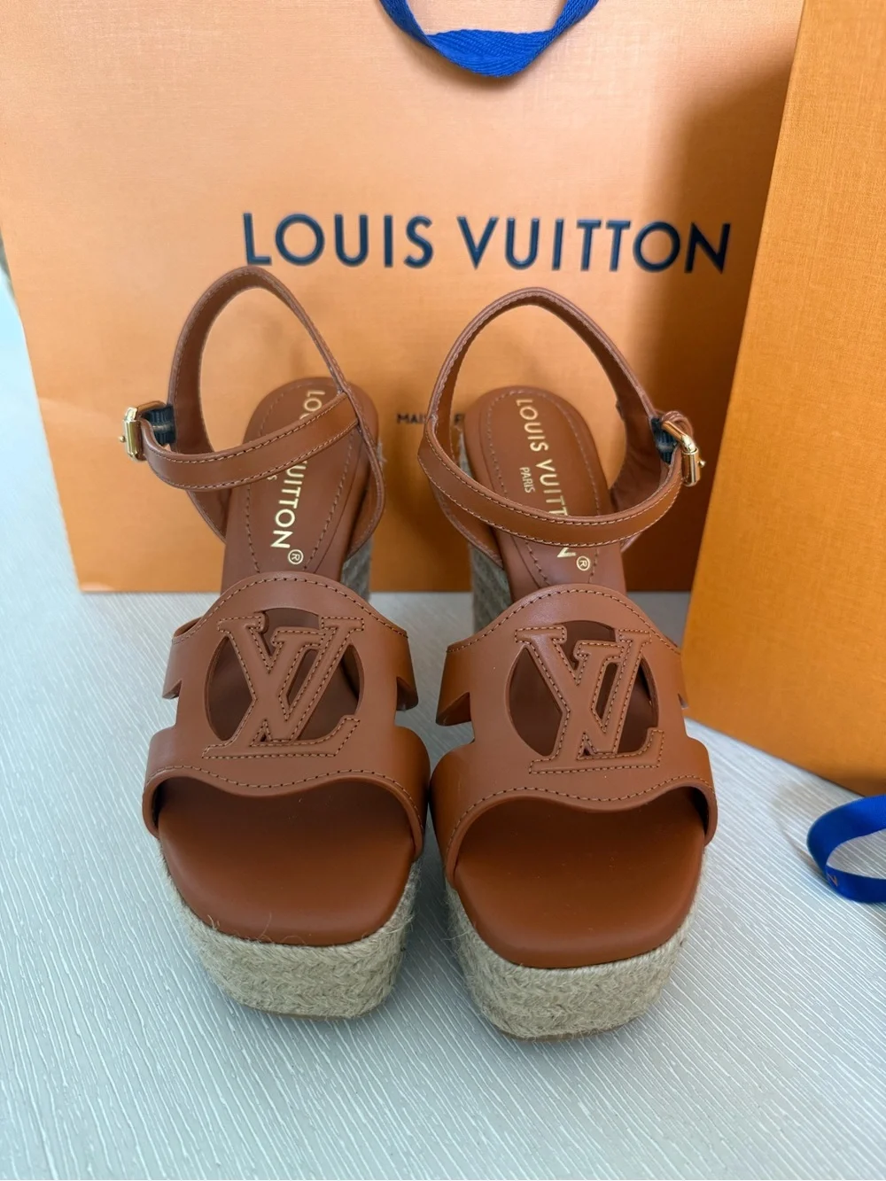 NEW! Louis Vuitton Isolde Wedge Sandals- cognac Leather